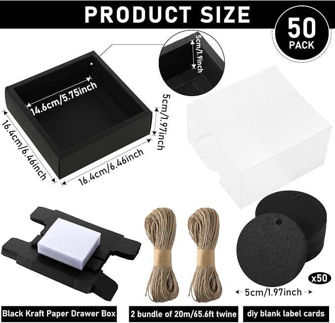 Roowest 50 Sets Kraft Homemade Gift Box Bundle with Blank Tags and Jute String (101 Items) for Jewelry Candy Wrapping Party Favor(6.5 x 6.5 x 2 Inch,Black) - Image 2