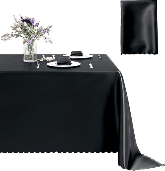 1 Pack Black Rectangular Polyester Satin Tablecloth, 60 x 120 Inches, Dining Table Cover, Wrinkle Resistant, Classic Style, Solid Color, Party Theme