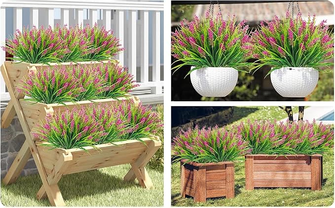 obbsie 12 Bundles Artificial Plants Outdoor, 18.2" UV Resistant Faux Monkey Grass Greenery Stems No Fade Faux Plastic Flowers Shrubs for Home Weddings Garden Porch Front Patio Office Decor - Rose Red - Image 5