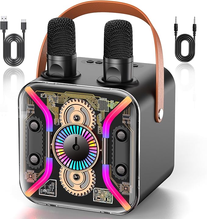 Karaoke Machine for Adults with Two Wireless Microphones, PA System Bluetooth Speaker with Microphone Supports Bass Treble, TF Card, USB, AUX, Karaoke Machine for TV, Party, Birthday (Black)