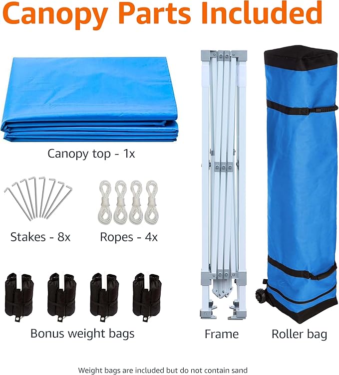 Amazon Basics Outdoor Pop Up 10 x 10 Canopy Tent for Events, Portable with Easy Setup, Sun Shelter for Outdoor Activities, Includes Wheeled Carry Bag, 8 Pegs, 4 Ropes, 4 Weighted Bags, Blue