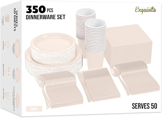 Exquisite Ivory Paper Plates Set 350 Pcs 50-9" & 50-7" Party Plates | Sturdy Paper Dinnerware Set With 9" & 7" Ivory Plates for Party, Dinners, Everyday & Birthday Supplies by Exquisite