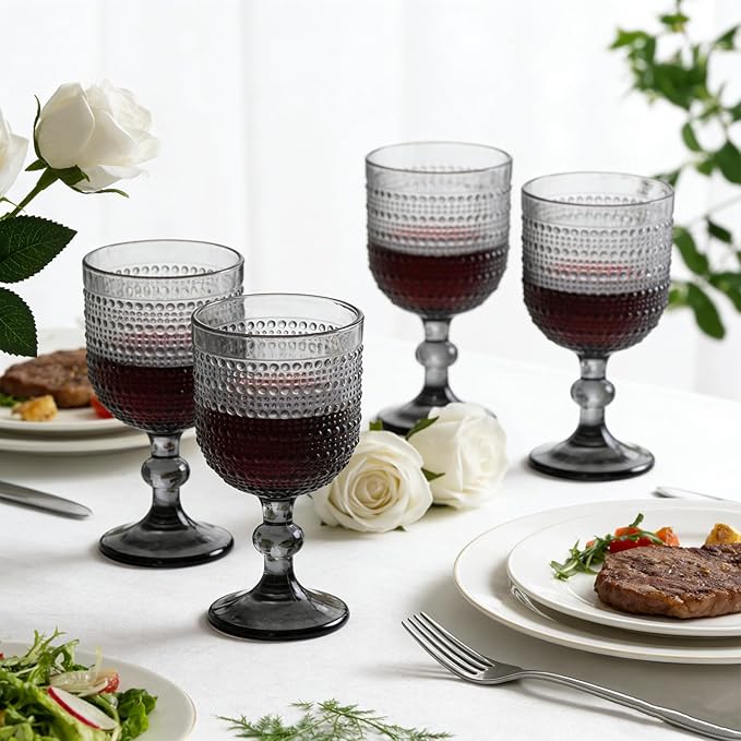 Gray Wine Glasses Set of 4, 12oz Vintage Goblet Glasses, Embossed Glass Cups Hobnail Glassware for Weddings, Dinners, and Holiday Gifting