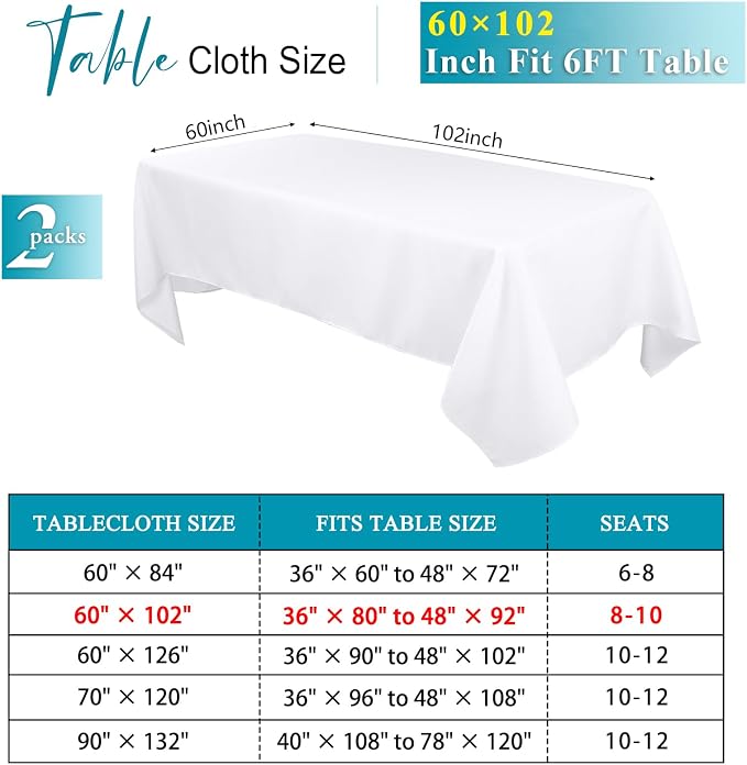 Kesfey 60 x102 inch White Rectangle Table Cloths 2 Packs Polyester Tablecloths High Density Washable Fabric Table Cover for 6 Foot Tables Wrinkle Resistant Tablecloth for Wedding Buffet Banquet Party - Image 2