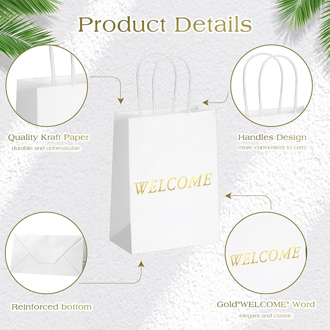 Jexine 100 Pcs Welcome Gift Bags Kraft Paper 5.9x3.1x8.1,White | for Wedding Favors, Church Visitors, Hotel Guest Kits, Retail Shopping, Event Giveaways,Sturdy Kraft Paper and Handles - Image 2