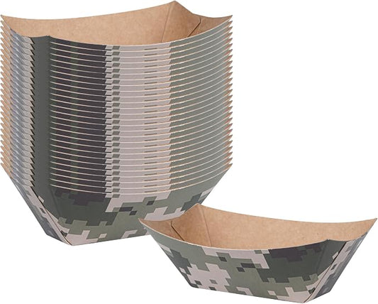 Restaurantware-Bio Tek 2 Ounce Food Trays, 50 Disposable Paper Food Trays - Heavy-Duty, Greaseproof, Camouflage Paper Food Boats, for Snacks, Appetizers, Or Treats, Use At Parties Or Carnivals by Restaurantware