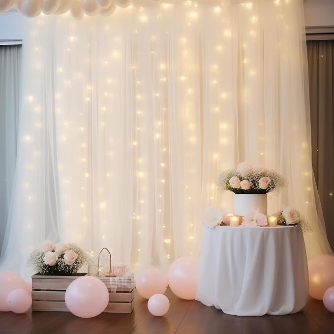 20ft x 10ft White Backdrop Curtain with Lights String for Parties, Sheer Tulle Wedding Photo Backdrops Drapes for Baby Shower Birthday Party Decorations Background for Photography - Image 2