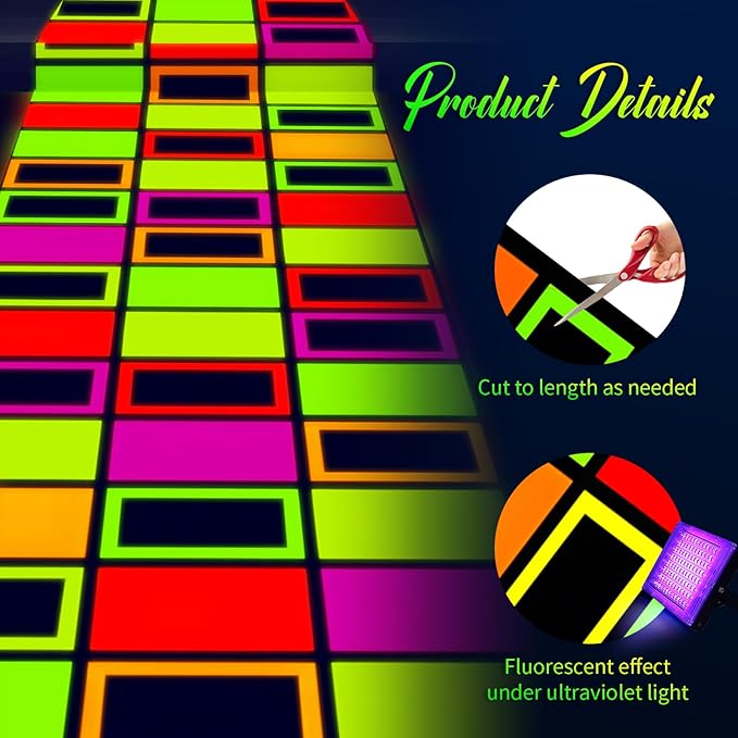 Haull 138 x 59 Inch Glow in The Dark Party Supplies Neon Party Decorations Light up Dance Floor Blacklight Rug UV Reactive Fluorescent for Carnival Birthday Wedding Favors(Blocks)