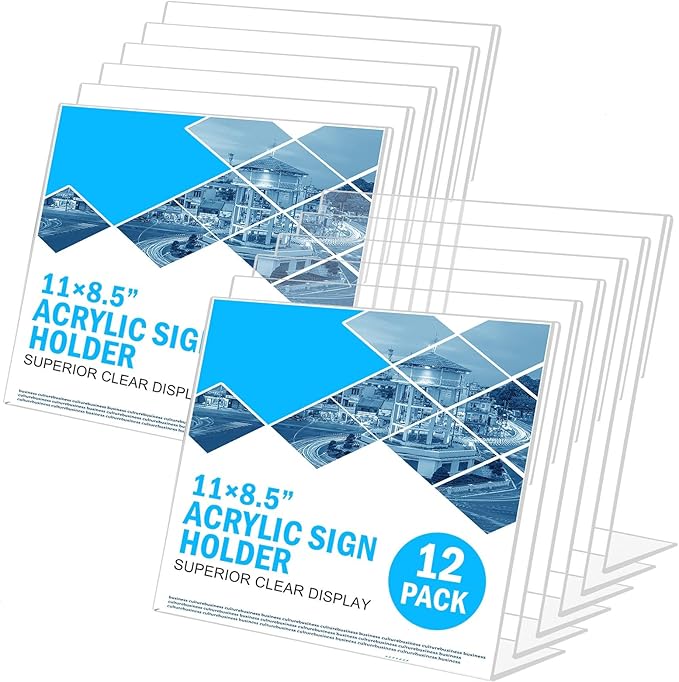 12 Pack Acrylic Sign Holder 8.5 x 11 Horizontal Slant Back Acrylic Stands for Display Plexiglass Clear Acrylic Display Stands for Ad Frame, Picture Photo Frames, Promotions, Restaurants, Office by COYMOS