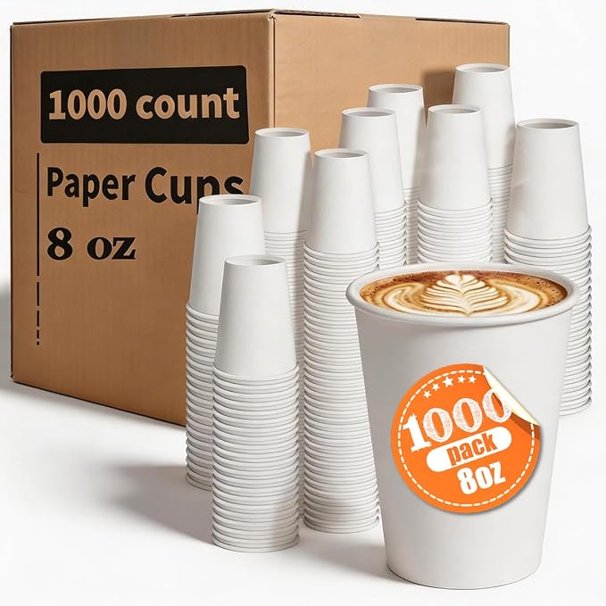 MOUMOULIFE Disposable Paper Coffee Cups 8 oz 1000 Count Bulk, Leak-Proof White Paper Coffee Cups, Hot/Cold Beverage Drinking Cups for Office Party Home Travel - Image 2