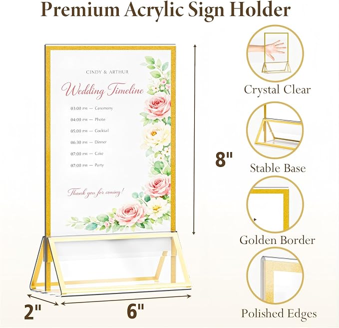 6"x8" Clear Acrylic Tabletop Sign Holder with Gold Frame, 12 Pack | Double Sided, Menu Flyer Picture Paper Table Numbers Stand for Wedding, Party, Restaurant, Display Stand - Image 2