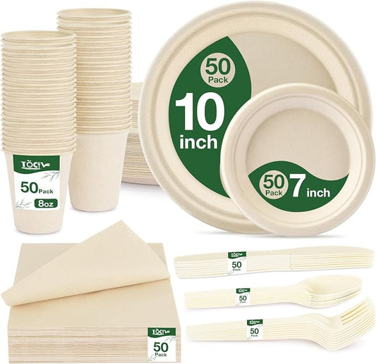 350PCS Compostable Paper Plates and Napkins Cups 10 & 7 Inch Disposable Heavy Duty Dinner Dessert Sturdy Plates and Utensils (Serve 50) Party Supplies Eco-friendly Dinnerware Set for Birthday Holiday by Unknown