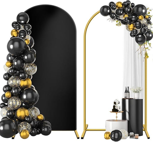 Metal Arch Backdrop Stand and Cover Set 7.2 ft, Wedding Arch Stand with Black Cover for Party, Birthday, Wedding, Bridal Shower, Baby Shower (Black, 7.2 ft)