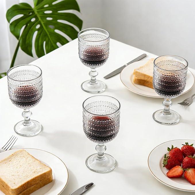 Clear Wine Glasses Set of 4, 12oz Vintage Goblet Glasses, Embossed Glass Cups Hobnail Glassware for Weddings, Dinners, and Holiday Gifting