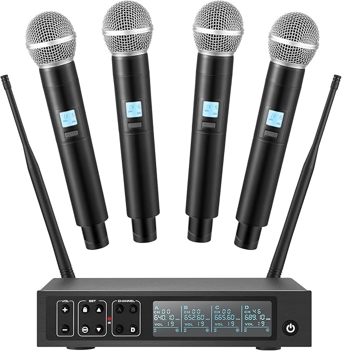 Wireless Microphone System, 4x50 Channels Cordless Handheld Microphones, 200FT UHF Range, Mics with Stable Signal Transmission for Karaoke Singing Party Church Wedding PA Speaker