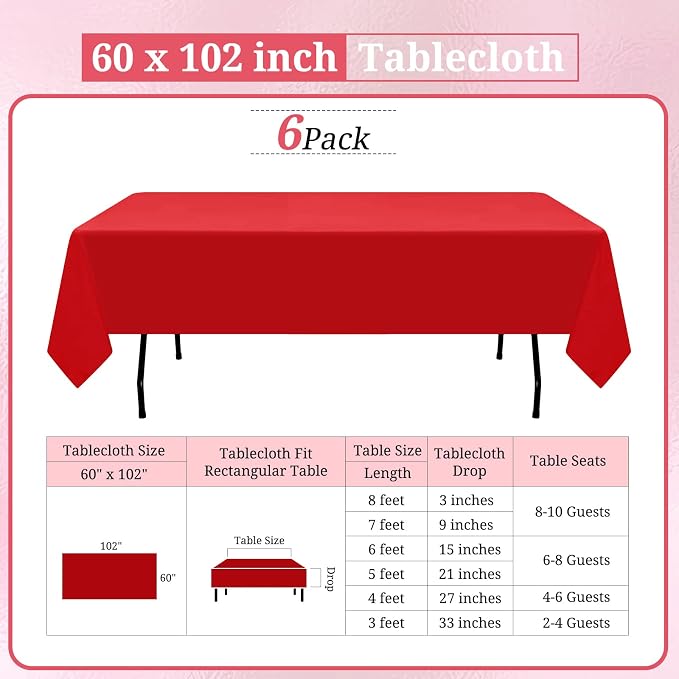 6 Pack Red Tablecloths for 6ft Tables-60 x 102 Inch | Polyester Table Cover, Stain and Wrinkle Resistant Washable Fabric Table Cloth, Perfect for Wedding Banquet Parties - Image 2