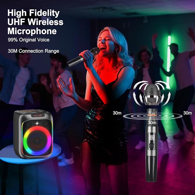 Karaoke Machine with 2 Wireless Microphones, 80W Portable Bluetooth Speaker, Party Speaker with LED Colorful Lights TWS Pairing, Karaoke Speaker Supports for Mic Input,USB,AUX,TF Card