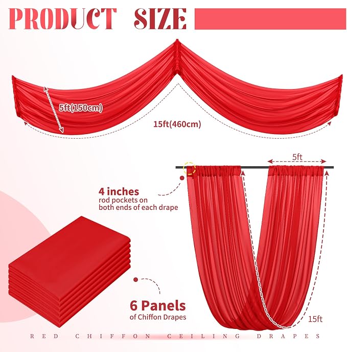 6 Panels Red Ceiling Drapes for Wedding 5ftx15ft Arch Draping Fabric Sheer Curtains Voile Chiffon Drapery for Party Ceremony Stage Decorations - Image 2