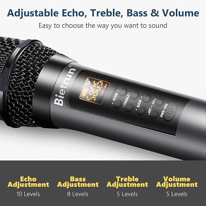 Bietrun Wireless Microphones with Echo,Treble,Bass&Bluetooth,160FT Range,Portable UHF Handheld Karaoke Dynamic Microphone System with Rechargeable Receiver for Karaoke,Singing,Amp,PA System,DJ,Stage