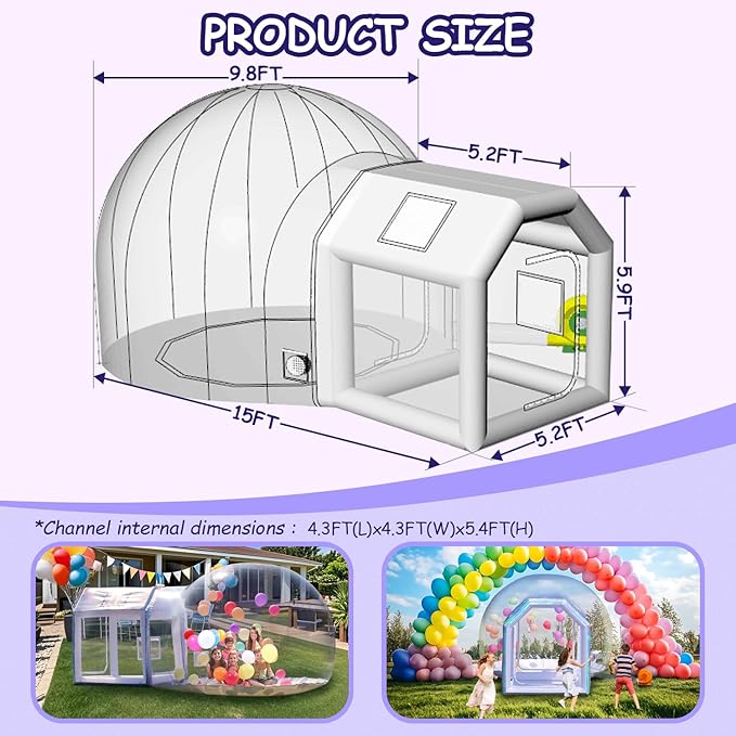 10ft Inflatable Bubble House Dome with Tunnel for Kids, Clear TPU Balloon Tent for Parties, Includes 450W Air Blower & 600W Air Pump