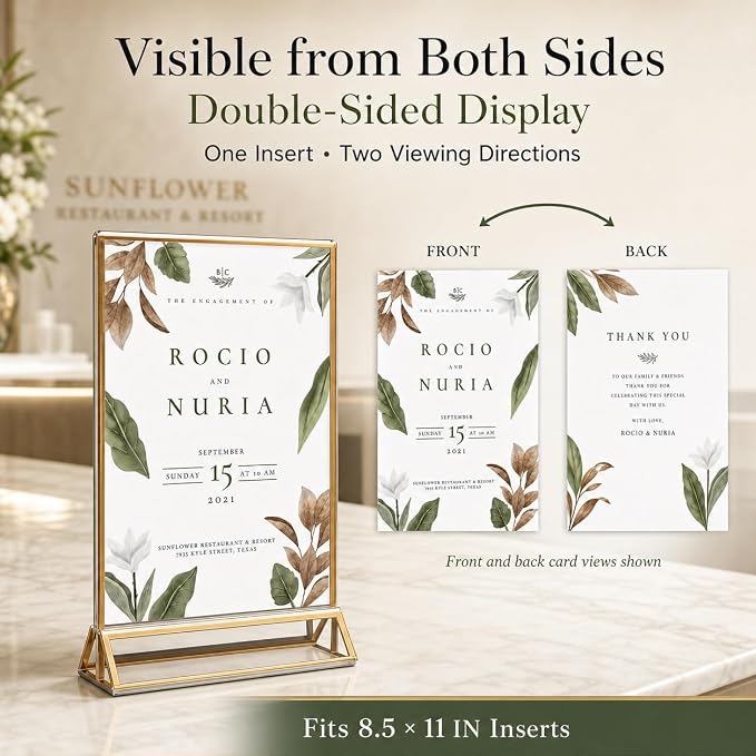 14 Pack Acrylic Sign Holder 8.5x11 Gold Frames, Wedding Table Number Holders Double Sided Vertical Clear Display Stand, Picture Holders for Tables, Menus, Flyers, Party and Office Decor - Image 7
