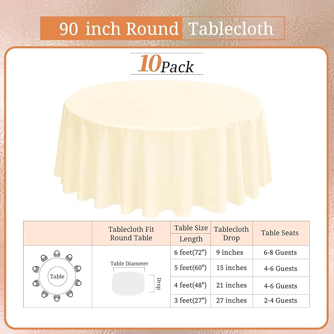 10 Packs 90 Inch Beige Round Polyester Tablecloths | Table Cover for Round Tables, Stain and Wrinkle Resistant Washable Table Cloth, Perfect for Wedding Banquet Parties - Image 2