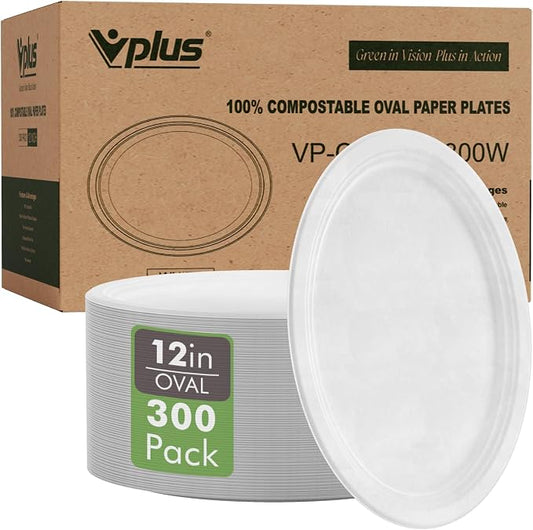 Vplus 100% Compostable Oval Paper Plates 12 inch 300 Pack, White | Super Strong, Disposable Paper Plates, Bagasse Natural Biodegradable, Sugarcane for BBQ, Party, Dinner, and Picnic by Vplus