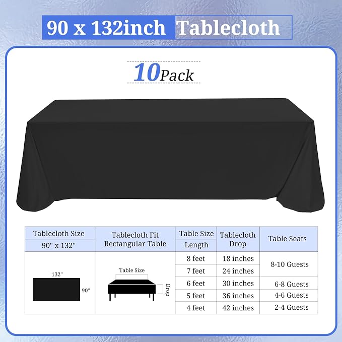10 Pack Black Tablecloths for 6ft Tables-90 x 132 Inch | Polyester Table Cover, Stain and Wrinkle Resistant Washable Fabric Table Cloth, Perfect for Wedding Banquet Parties - Image 2