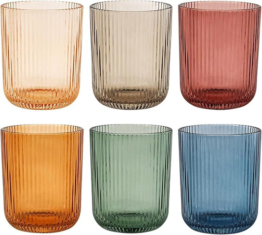 Drinking Glasses, Colored Highball Glasses Set of 6, Ribbed Glassware Glass Cups, Water Glasses for Juice, Iced Coffee Cups, Cocktail Glasses - Christmas Gifts - 8.5 oz