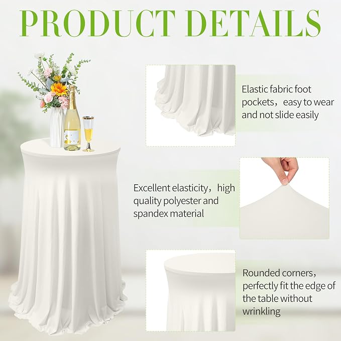 Tegeme 1 Pack Spandex Cocktail Table Cover Fitted with Skirt, Ivory | 32x43 Inch High Top Tables, Stretch Tablecloth for Weddings Parties Banquets, Fitted Covers Wrinkle Resistant Elegant Design - Image 4