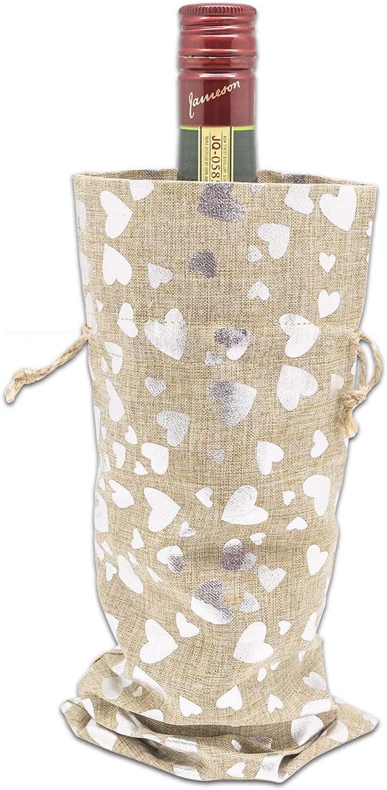 12-pack Jute Burlap Canvas Wine Bottle Gift Bags w. Drawstring (Silver Hearts, 6" x 14") - for Storage, Holiday Parties, Promotional Events by The Display Guys - Image 4