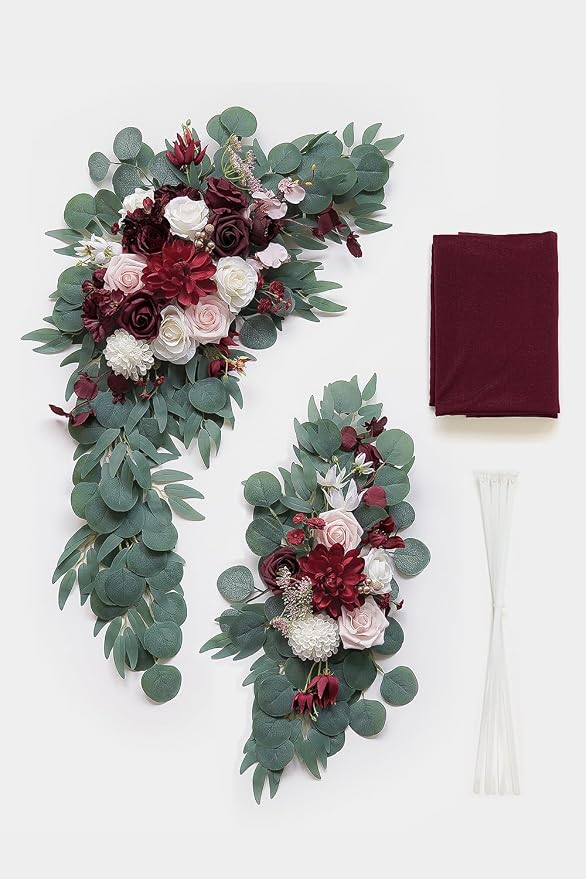 Olalaka Burgundy Artificial Wedding Arch Flowers Kit (Pack of 3) with 26Ft Burgundy Shiny Arch Draping Fabric for DIY Wedding Party Ceremony Reception Backdrop Floral Decoration - Image 3