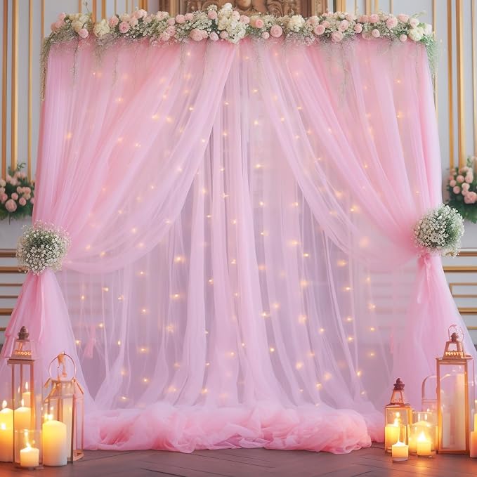 20ft x 10ft Pink Backdrop Curtain with Lights String for Parties, Sheer Tulle Wedding Photo Backdrops Drapes for Baby Shower Birthday Party Decorations Background for Photography - Image 6