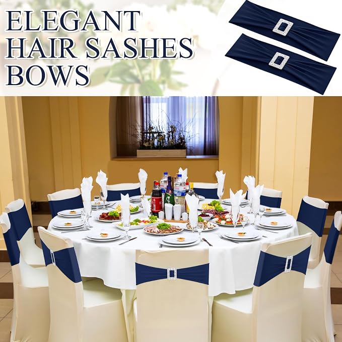 VitalCozy 100 Pcs Spandex Chair Sashes Wedding, Square Buckle, Navy Blue - Image 5