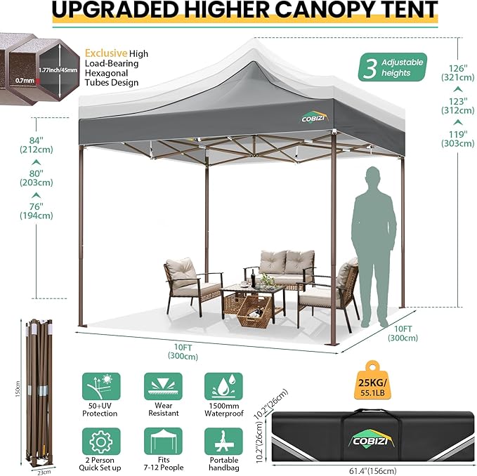COBIZI 10x10 Pop Up Canopy Tent Heavy Duty with 4 Sidewalls, Commercial Easy Up Instant Canopy Outdoor for Events Party Wedding, All Weather Waterproof UV 50+ with Carry Bag (Leg Upgraded), Gray