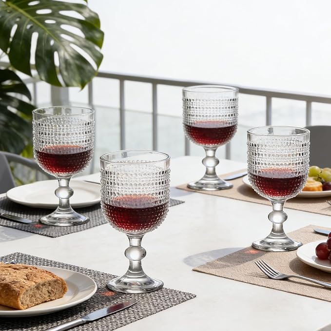 Clear Wine Glasses Set of 4, 12oz Vintage Goblet Glasses, Embossed Glass Cups Hobnail Glassware for Weddings, Dinners, and Holiday Gifting