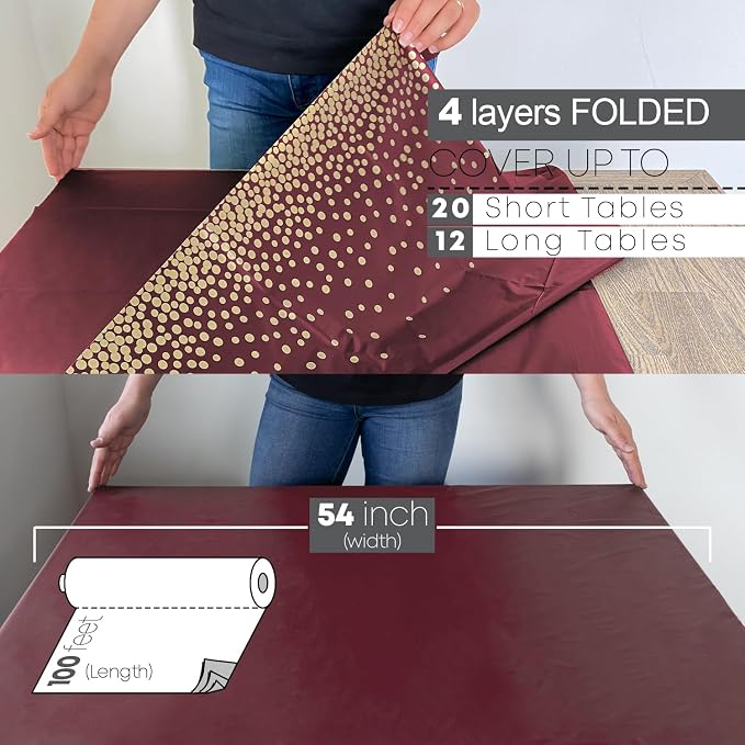 Neatiffy Disposable Plastic Table Cloth Roll with Slide Cutter | Waterproof Cover for Rectangle, Square, Oval Tables | Picnic, Party, Banquet, Birthdays, Weddings - Burgundy Gold Dots - Image 3