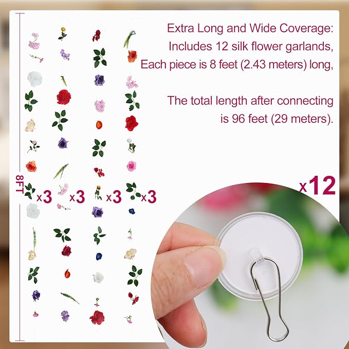 12-Pack Artificial Flower Garlands,96FT Hanging Wildflower Vines | Full&Layered Flowers,Tangle-Resistant,Versatile Décor, Reusable & Low-Maintenance,Easy to Hang,Perfect for Any Occasion - Image 4
