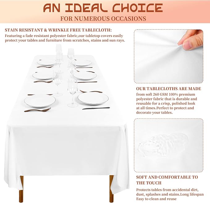 Showgeous 12 Pack White Polyester 60x102 Inch Tablecloths | Soft polyester, wrinkle resistant, fade resistant, smooth finish, fine stitching, folded hems, reusable, machine washable - Image 8
