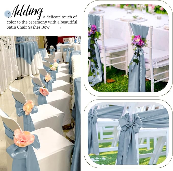 Pesonlook 50 Pcs Dusty Blue Satin Chair Sashes Ties, 7×108inch | Satin Chair Sashes Bows Chair Cover Back Tie Supplies for Wedding Reception Events Banquets Party, Hotel Event, Chairs Decor - Image 8