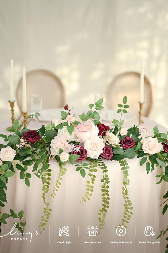 Ling's moment Burgundy Eucalyptus Flower Garland Wedding Arch 9 FT | Blush Rose & Eucalyptus, Greenery, Sweetheart Table Decor, Marsala Floral Garland for Mantle, Centerpieces, Backdrop - Image 7