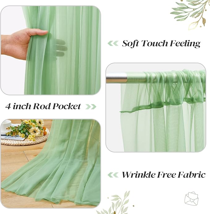 10ft x 8ft Green Backdrop Curtain with Lights String for Parties, Sheer Tulle Wedding Photo Backdrops Drapes for Baby Shower Birthday Party Decorations Background for Photography - Image 4