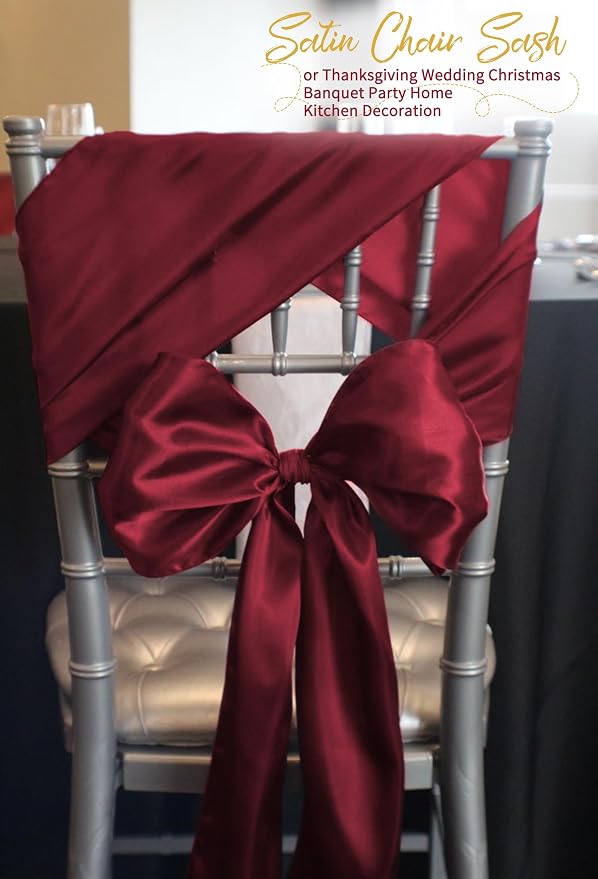 120 PCS Burgundy Satin Chair Sashes, 7 x 108 Inch | Ties Bows Designed Chairs Decorative, Chair Cover Sashes for Wedding Christmas Banquet Party Home Kitchen Decoration - Image 4
