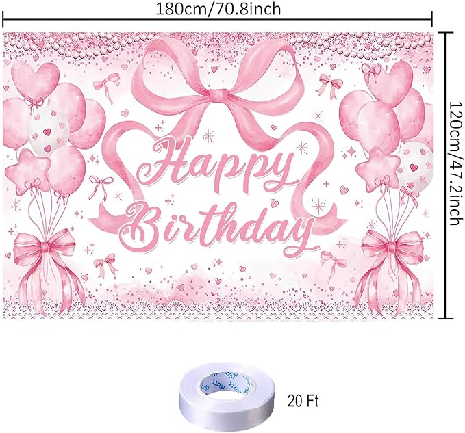 Cute Pink Bownot Birthday Party Backdrop Pink Bow Balloon Happy Birthday Banner Photography Background for Girls Teens Party Supplies 70.8 x 47.2 Inch