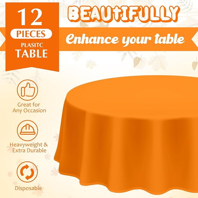 Patelai 12 Pcs 84 Inch Thanksgiving Fall Plastic Round Tablecloth Disposable Autumn Table Cover Plastic Round Tablecloths for Fall Harvest Party Decor (Orange,Yellow,Brown,Fruit Green) - Image 3
