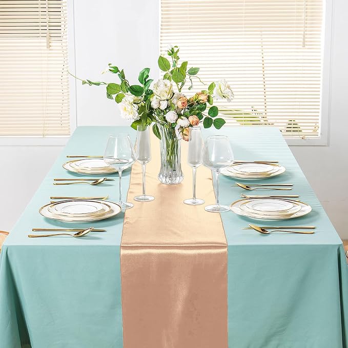 SI Pack of 15 Wedding 12 x 108 inch Satin Table Runner for Wedding, Decorations for Graduations, Engagements, Birthday Parties, Banquets, Runners fit Rectangle, Round Table - Champagne - Image 4