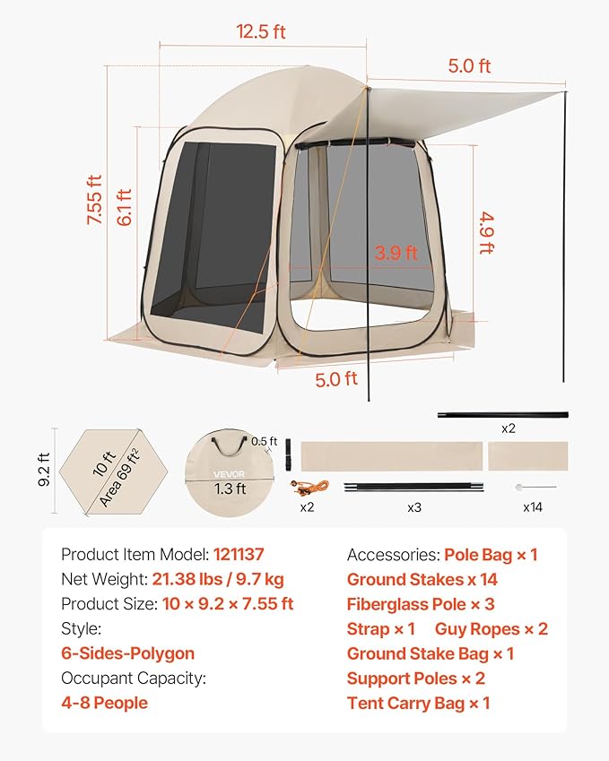 VEVOR 10 x 9.2' Pop-Up Screen House Tent with Extended Awning, 4–8 Person Screen Gazebo, Portable Screened Canopy with Carry Bag, Netting Sides & Ground Stakes for Patio, Backyard & Outdoor Activities