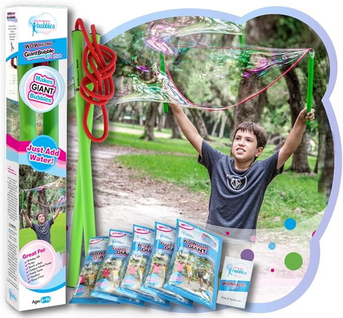 WOWMAZING Giant Bubbles Kit Plus – Big Bubbles for Kids with a Large Bubble Wand and Bubble Mix (Makes 1.5 Gallon)