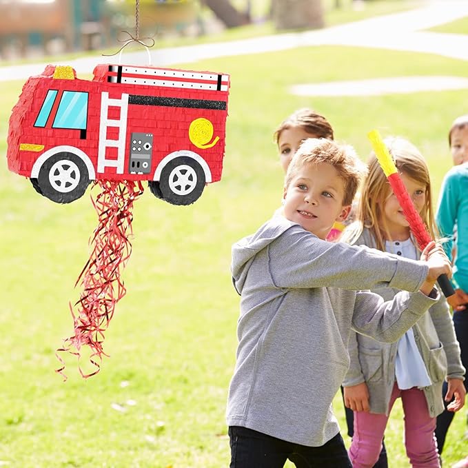 WERNNSAI Fire Truck Pinata - Firetruck Birthday Decorations Pinata for Boys Kids Firefighter Truck Theme Birthday Party Game Decorations Bundle with Blindfold and Bat