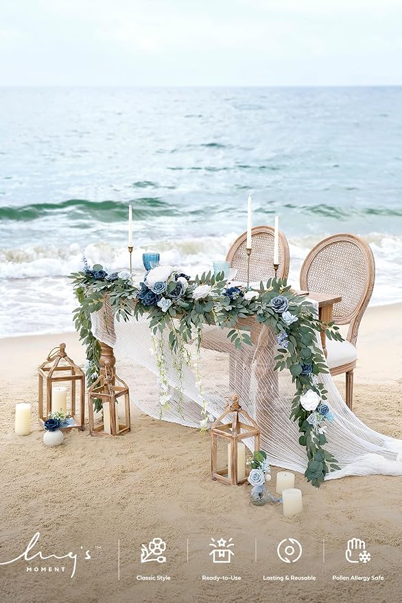 Ling's moment Dusty Blue Artificial Flower Garland Wedding Arch 9 FT | White Rose & Eucalyptus , Greenery, Sweetheart Table Decor, Floral Garland for Mantle, Centerpieces, Backdrop - Image 2